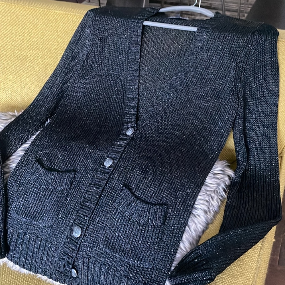 Jones New York Cardigan Women Size S Black Shimmery LightWeight Long Sleeves